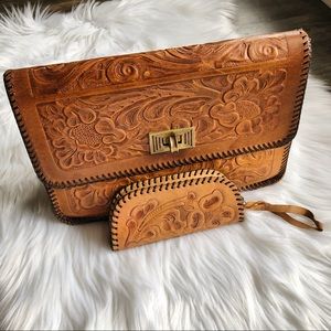 Vintage tooled leather clutch w/ change purse